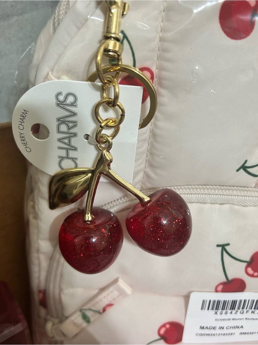 Cherry Print Quilted Backpack Charm Victoria’s Secret Bombshell Mist NWT - Picture 4 of 12